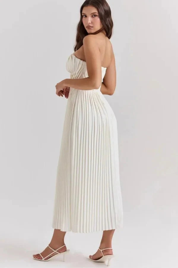 Damska Sukienka Maxi bez Ramiączek z Gorsetową Górą i Plisowaną Spódnicą