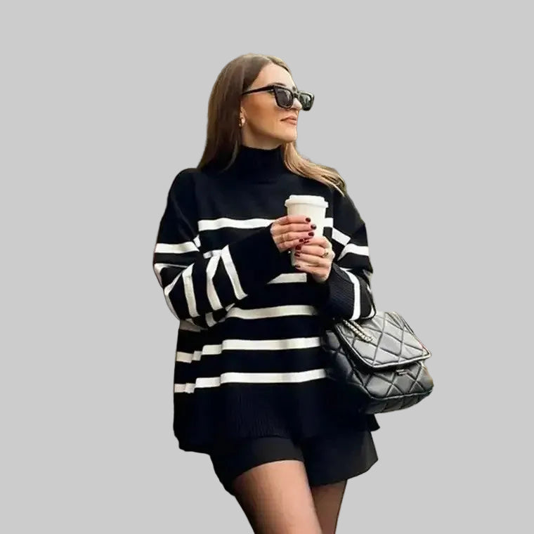 Damski Sweter z Wysokim Golfem w Poziome Paski z Długimi Rękawami