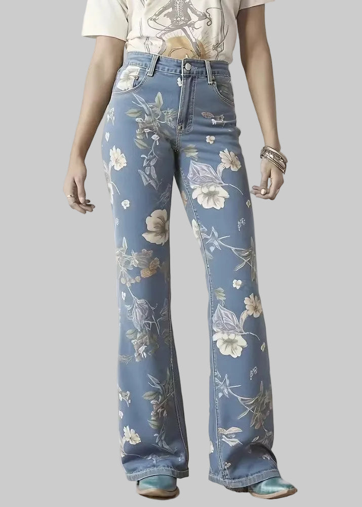 Damskie Jeansy z Rozszerzanymi Nogawkami z Kwiatowym Wzorem i Zapięciem na Guzik