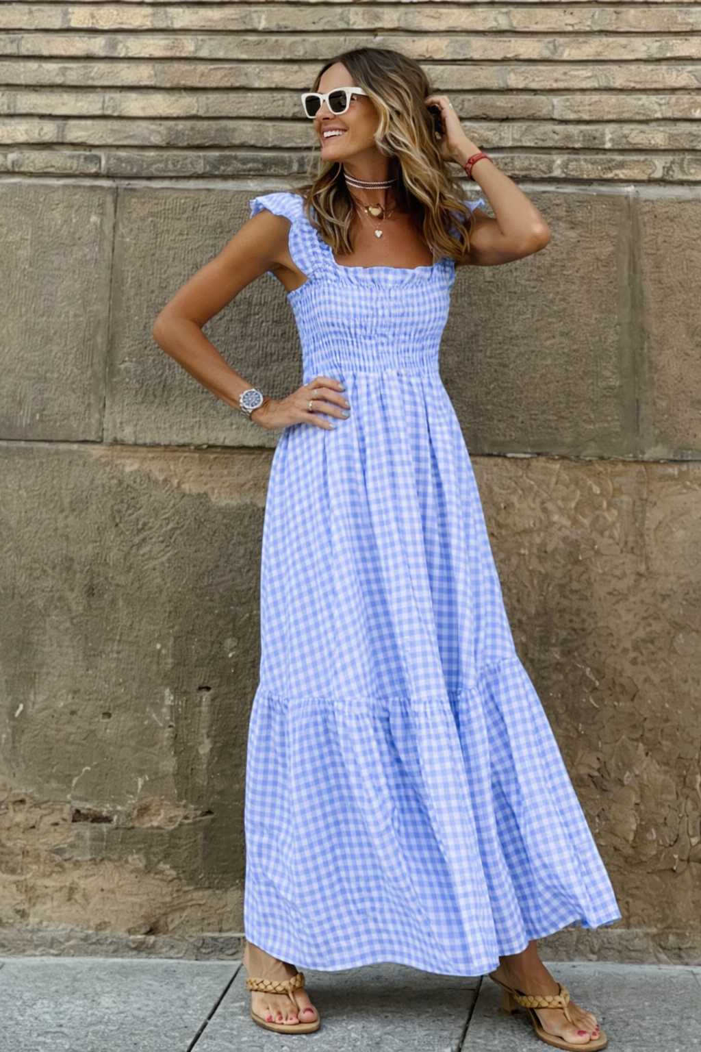 Damska Sukienka Maxi w Kratę z Marszczonym Stanikiem i Falbankami na Ramionach