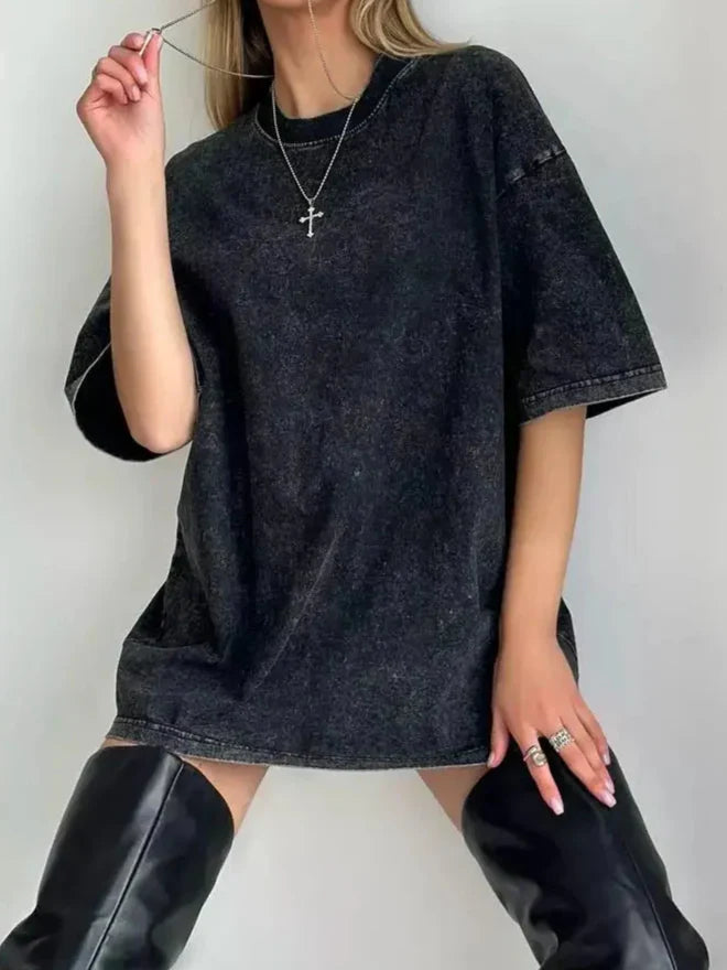 Damski Top T-shirt z Okrągłym Dekoltem Krótkim Rękawem i Efektem Sprania